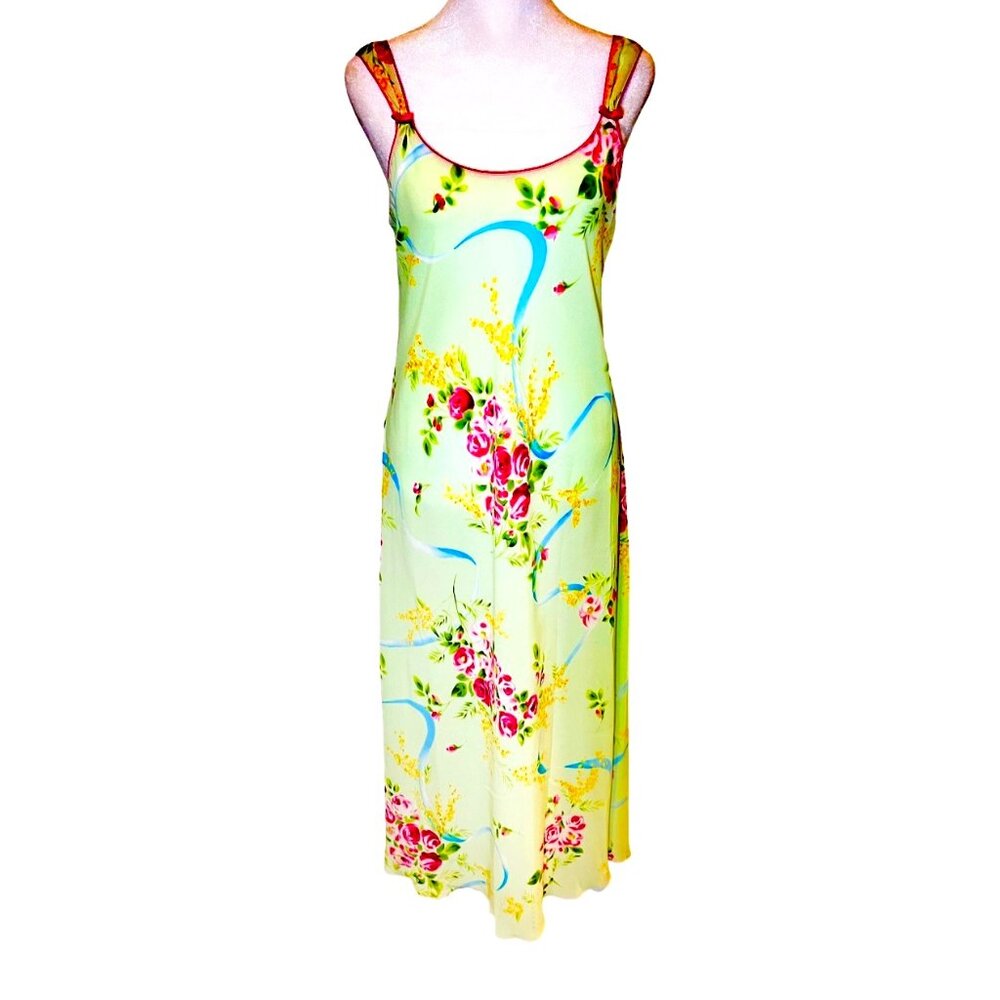 Oscar De La Renta Mint Green and Pink Whimsy Long Sheer Night Slip Dress Size Sm